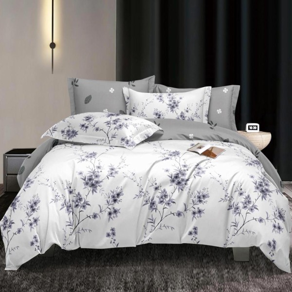 Lenjerie pat dublu, bumbac satinat,  cu elastic, Gri, flori [1]