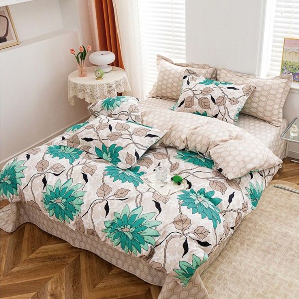 Lenjerie pat dublu cu doua feţe, bumbac satinat, 4 piese,  Bej, flori [1]