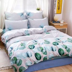 Lenjerie pat dublu cu doua feţe, bumbac satinat, 4 piese,  Verde, frunze