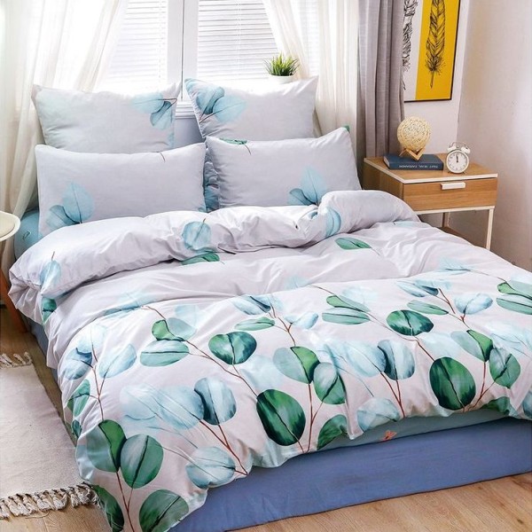 Lenjerie pat dublu cu doua feţe, bumbac satinat, 4 piese,  Verde, frunze [1]