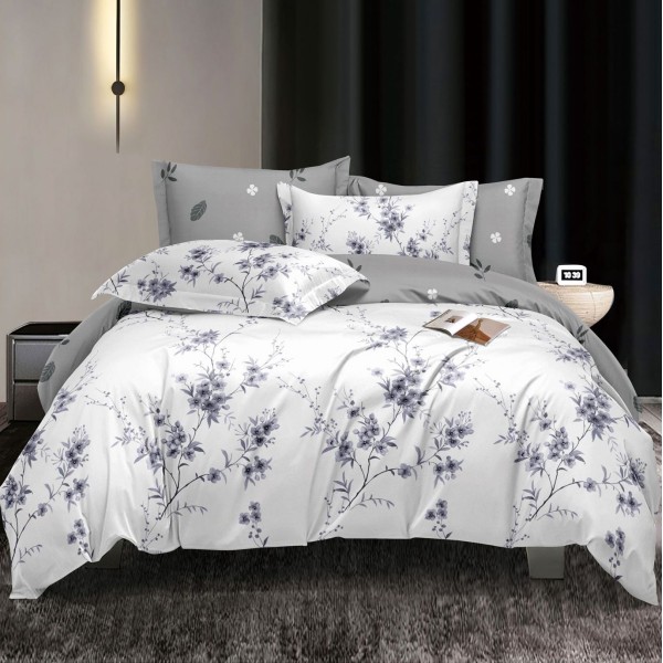 Lenjerie pat dublu cu doua feţe, bumbac satinat, 4 piese,  Gri, flori [1]