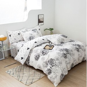 Lenjerie pat dublu, bumbac satinat,  cu elastic, Gri, trandafiri, inimioare