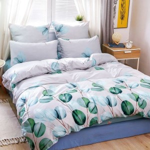 Lenjerie pat dublu, bumbac satinat,  cu elastic, Verde, frunze