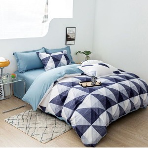 Lenjerie pat dublu, bumbac satinat,  cu elastic, Albastru, forme geometrice