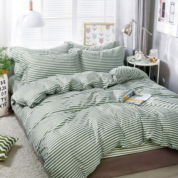 Lenjerie pat dublu, bumbac satinat,  cu elastic, Verde, dungi [1]