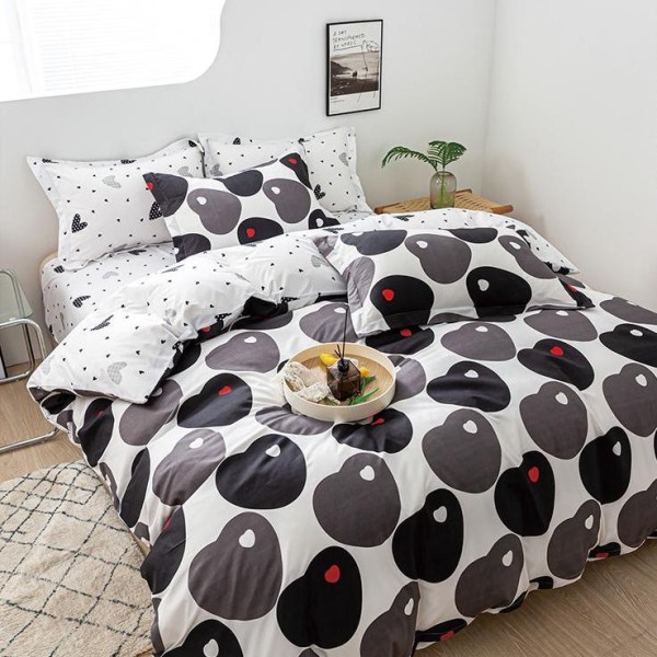 Lenjerie pat dublu, bumbac satinat,  cu elastic, Gri, inimioare [1]