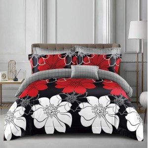 Lenjerie pat dublu, bumbac satinat,  cu elastic, Negru, flori