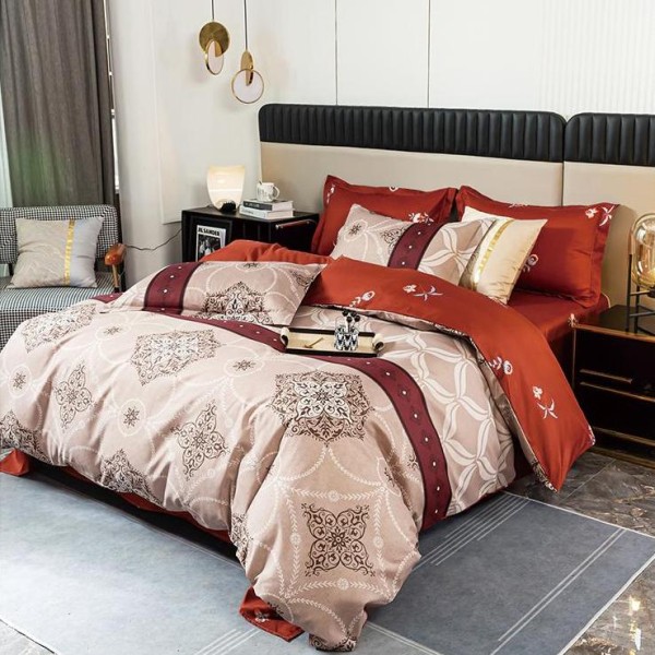 Lenjerie pat dublu, bumbac satinat,  cu elastic, Bej, oriental [1]