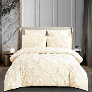 Lenjerie pat dublu,  FINET cu ELASTIC, 6 piese, PLIURI BRODATE, Crem