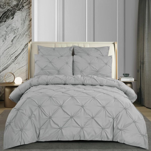 Lenjerie pat dublu,  FINET cu ELASTIC, 6 piese, PLIURI BRODATE, Gri [1]