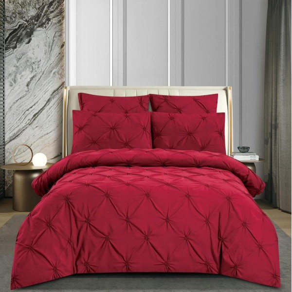 Lenjerie pat dublu,  FINET cu ELASTIC, 6 piese, PLIURI BRODATE, Visiniu [1]