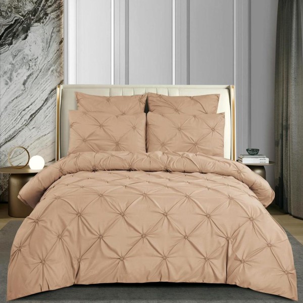 Lenjerie pat dublu,  FINET cu ELASTIC, 6 piese, PLIURI BRODATE, Bej [1]