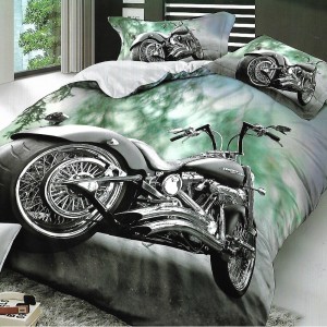 Lenjerie pat dublu, 4 piese, IMPRIMEU 3D Multiplicat, Microfibra, Gri, motocicleta