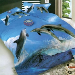 Lenjerie pat dublu, 4 piese, IMPRIMEU 3D Multiplicat, Microfibra, Albastru, delfini