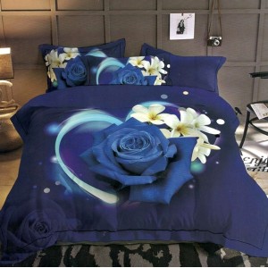 Lenjerie pat dublu, 4 piese, IMPRIMEU 3D Multiplicat Multiplicat, Microfibra, Albastru, flori