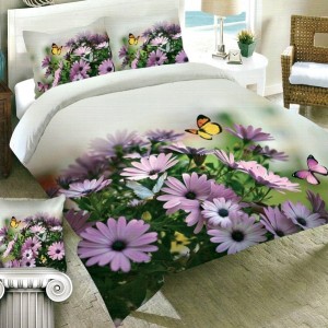 Lenjerie pat dublu, 4 piese, IMPRIMEU 3D Multiplicat, Microfibra, Verde, flori, fluturi