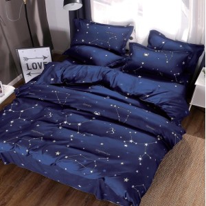 Lenjerie pat dublu cu doua feţe, bumbac satinat, 4 piese,  Bleumarin, stelute