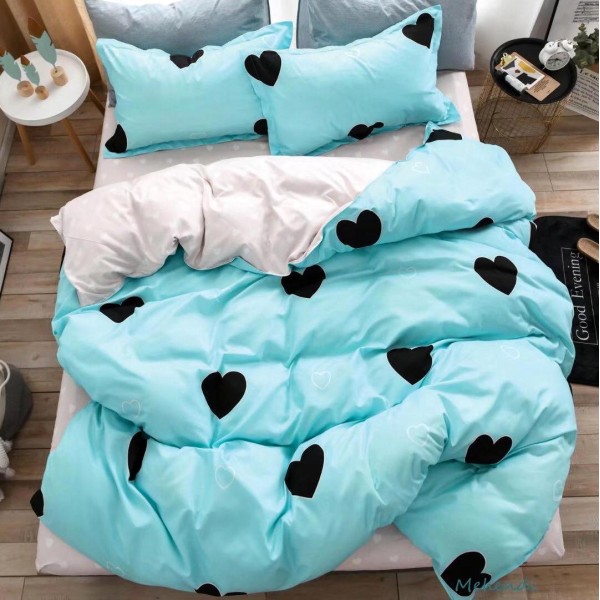 Lenjerie pat dublu cu doua feţe, bumbac satinat, 4 piese,  Bleu, inimioare [1]