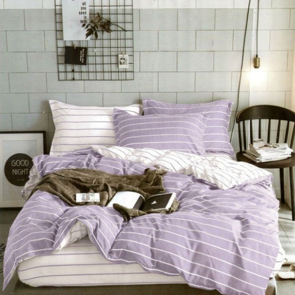 Lenjerie pat dublu cu doua feţe, bumbac satinat, 4 piese,  Lila, dungi [1]