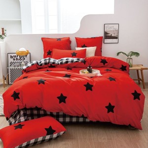 Lenjerie pat dublu cu doua feţe, bumbac satinat, 4 piese,  Rosu, stelute