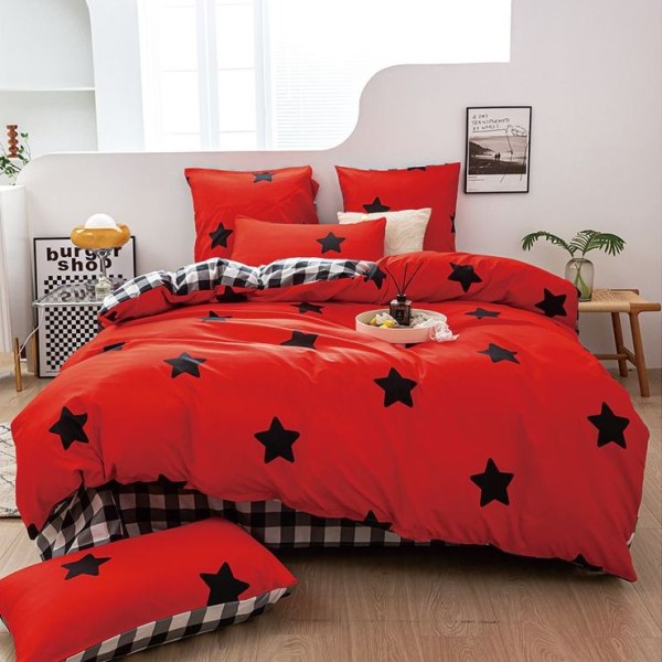 Lenjerie pat dublu cu doua feţe, bumbac satinat, 4 piese,  Rosu, stelute [1]