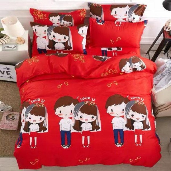 Lenjerie pat dublu cu doua feţe, bumbac satinat, 4 piese,  Rosu, indragostiti [1]