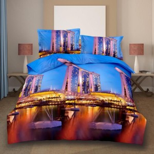 Lenjerie pat dublu, 4 piese, IMPRIMEU 3D Multiplicat, Microfibra, Albastru, oras