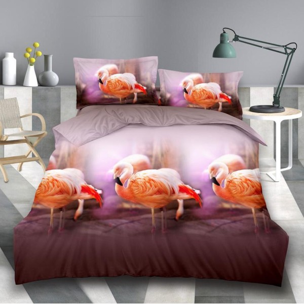 Lenjerie pat dublu, 4 piese, IMPRIMEU 3D Multiplicat, Microfibra, Somon, flamingo [1]