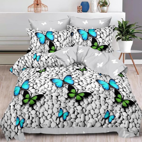 Lenjerie pat dublu,  FINET, 6 piese, Gri, fluturi, pietre [1]