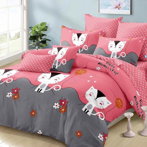 Lenjerie pat dublu,  FINET, 6 piese, Gri-Roz, pisici, flori [1]