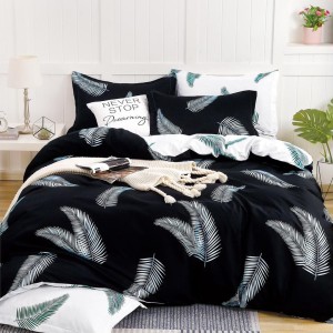 Lenjerie pat dublu cu doua feţe, bumbac satinat, 4 piese,  Negru, frunze