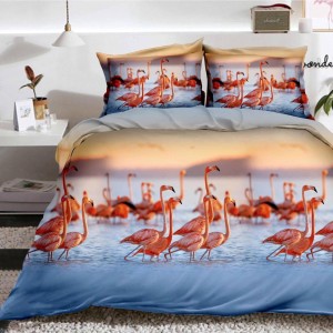 Lenjerie pat dublu, 4 piese, IMPRIMEU 3D Multiplicat, Microfibra, Albastru, flamingo