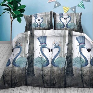 Lenjerie pat dublu, 4 piese, IMPRIMEU 3D Multiplicat, Microfibra, Gri, flamingo