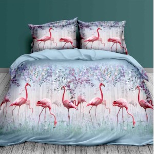 Lenjerie pat dublu, 4 piese, IMPRIMEU 3D Multiplicat, Microfibra, Bleu, flamingo