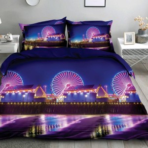 Lenjerie pat dublu, 4 piese, IMPRIMEU 3D Multiplicat, Microfibra, Mov, oras