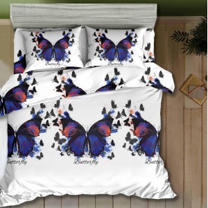 Lenjerie pat dublu, 4 piese, IMPRIMEU 3D Multiplicat, Microfibra, Albastru, fluturi