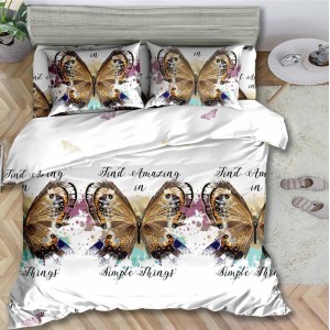 Lenjerie pat dublu, 4 piese, IMPRIMEU 3D Multiplicat, Microfibra, Auriu, fluturi