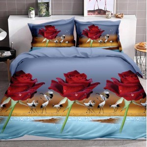 Lenjerie pat dublu, 4 piese, IMPRIMEU 3D Multiplicat, Microfibra, Rosu, trandafiri