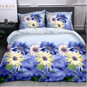 Lenjerie pat dublu, 4 piese, IMPRIMEU 3D Multiplicat, Microfibra, Albastru, flori