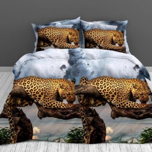 Lenjerie pat dublu, 4 piese, IMPRIMEU 3D Multiplicat, Microfibra, Maro, leoparzi