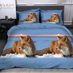 Lenjerie pat dublu, 4 piese, IMPRIMEU 3D Multiplicat, Microfibra, Bleu, vulpi