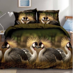 Lenjerie pat dublu, 4 piese, IMPRIMEU 3D Multiplicat, Microfibra, Gri, pasari