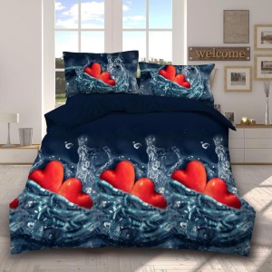 Lenjerie pat dublu, 4 piese, IMPRIMEU 3D Multiplicat, Microfibra, Albastru, inimioare