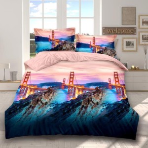 Lenjerie pat dublu, 4 piese, IMPRIMEU 3D Multiplicat, Microfibra, Albastru, pod