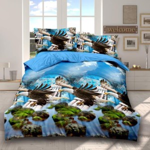 Lenjerie pat dublu, 4 piese, IMPRIMEU 3D Multiplicat, Microfibra, Albastru, vulturi