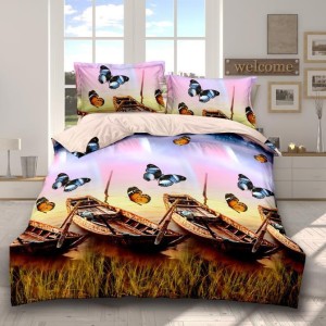 Lenjerie pat dublu, 4 piese, IMPRIMEU 3D Multiplicat, Microfibra, Maro, barci, fluturi