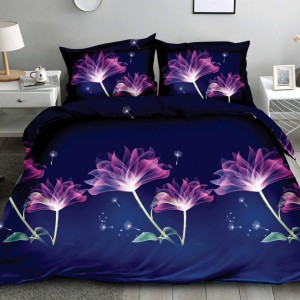Lenjerie pat dublu, 4 piese, IMPRIMEU 3D Multiplicat, Microfibra, Mov, flori