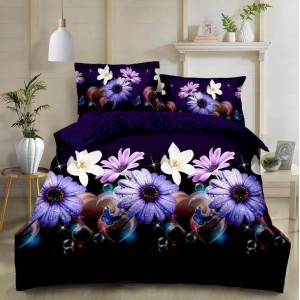 Lenjerie pat dublu, 4 piese, IMPRIMEU 3D Multiplicat, Microfibra, Mov, flori