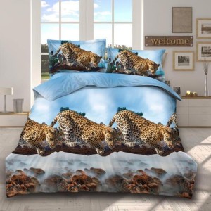 Lenjerie pat dublu, 4 piese, IMPRIMEU 3D Multiplicat, Microfibra, Bleu, leoparzi