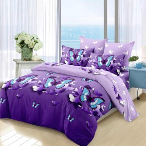 Lenjerie pat dublu,  FINET, 6 piese, cu ELASTIC, Mov, fluturi